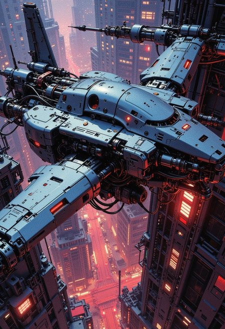 in the style of ck-mgs, A digital artwork in the style of cknc, a_skynet_cyberdyne_craft, the image is featuring a flying drone flying high above a neon-infused sci-fi city at night, adorned with intricate, metallic details, including wires, and mechanical components, giving it a highly advanced, industrial look. The parts are made out of a sleek smooth silver and tungsten, highly reflective. some parts of the drone are glowing, intense red that emit a menacing, otherworldly glow.