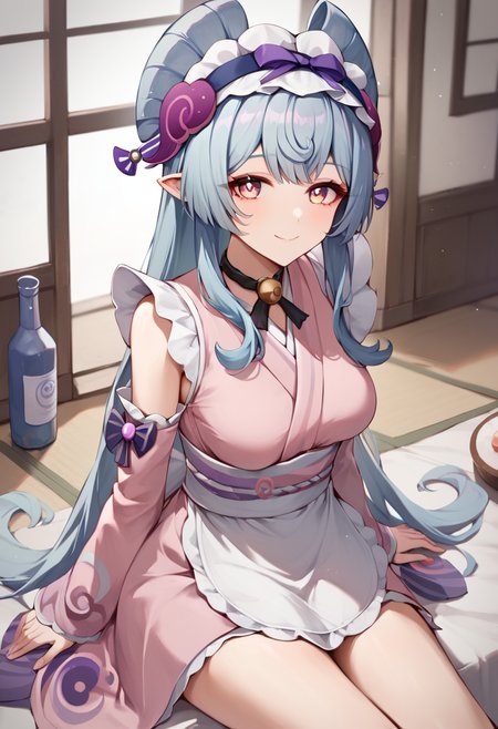 score_9,score_8_up,score_7_up,<lora:yumemizuki_mizuki_pony-000010:1>,yumemizuki mizuki,1girl,maid headdress,solo,sitting,looking at viewer,smile,closed mouth,sidelocks,medium breasts,wa maid,pink kimono,waist apron,pink sleeves,detached sleeves,highres,twitter username,bottle,