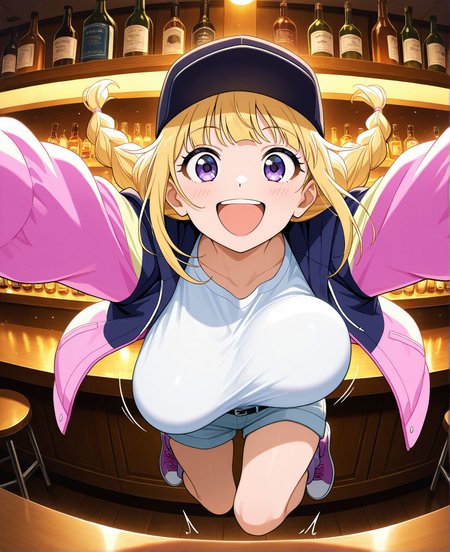 masterpiece,best quality,amazing quality,very aesthetic,absurdres,newest, huge filesize,
<lora:spo_sdxl_10ep_4k-data_lora_webui:0.5>, Paripi Koumei  style,official art, 
<lora:add-detail-xl:1>
girl smiling, full body, girl jumping, girl jumping toward viewer, wavy hair, (facing the viewer, pov), :D, mouth open <lora:bouncing-breasts-ponyxl-lora-nochekaiser:1>, bouncing breasts, unaligned breasts, motion blur, motion lines,
BREAK
tsukimi eiko, 
 blonde hair, long hair, braid, twin braids ,bar,open jacket, cap, white shirt,