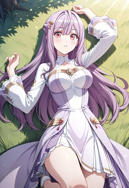score_9, score_8_up, score_7_up, dynamic view, looking_at_viewer, 1girl, 
masterpiece, best quality, bokeh, luminescent background,
(  mia adenauer,,
   purple hair, long hair,  hair between eyes, bangs, hair ornameny, hair flower,  red eyes, medium brests, 
, dress, two-tone dress, purple dress, white dress, sidelocks, long sleeves, white shoes,, )
looking_at_viewer, 1girl, masterpiece, best quality, bokeh, luminescent background, girl, solo, arm up, blush, looking at viewer, lying, on back, parted lips, grass, sunlight,