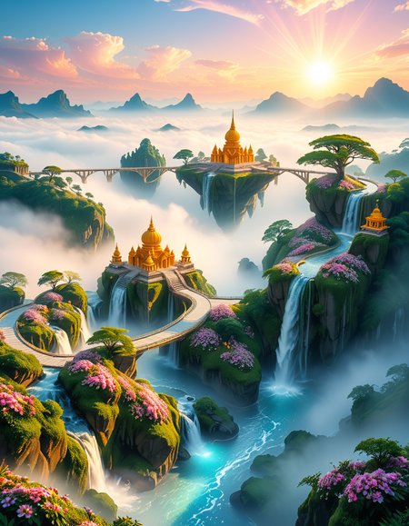A mesmerizing celestial background featuring an otherworldly paradise. Towering crystalline mountains with peaks that glow softly under a sky painted in shifting hues of iridescent blues, pinks, and golds. Rivers of liquid light flow through vast, open meadows filled with luminescent flowers that pulse with a gentle glow. Gigantic, translucent trees with silver leaves sway in a breeze that carries floating particles of golden dust. Suspended bridges made of shimmering energy connect ancient, floating monoliths engraved with intricate celestial patterns. In the distance, an enormous radiant waterfall cascades into a bottomless, mist-covered abyss, reflecting the surrounding ethereal glow. A tranquil atmosphere, untouched and divine, filled with an overwhelming sense of wonder and serenity.
<lora:SDXLFaeTastic2400:0.4> <lora:extremely_detailed:0.4> extremely detailed, <lora:heavenly_l4ndsc4p3:1>,heavenly l4ndsc4p3, Masterpiece,best quality,hi res,8k,hi res,8k,award winning,(sharp focus, intricate, highly detailed),