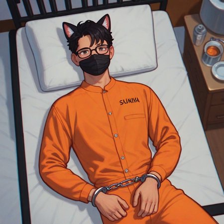 score_9, score_8_up, score_7_up, score_6_up, score_5_up, score_4_up, inmate, male focus, solo, orange jumpsuit, handcuffs, asian, black hair, glasses, black mask, cat ears, laying on prison bed, sunna (nilsunna) <lora:PrisonerLyCORIS-Prodigy-000025:0.4>