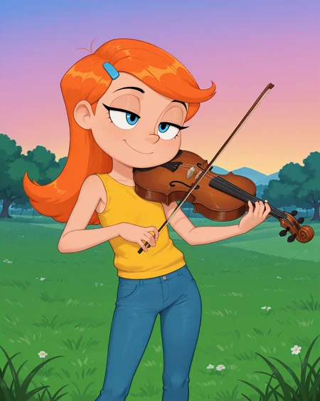 score_9, score_8_up, score_7_up, masterpiece, best quality, newest, absurdres, highres, amazing quality, colorful,
masterpiece, best quality, absurdres, newest, very aesthetic, amazing quality,highres,sensitive, absurdres, high resolution, ultra detailed, perfect details,
source_cartoon,   toon (style), (cartoon:1.0), source_carton:1.1, rating:suggestive, dynamic sexy pose, seductive, sultry,
detailed,detailed eyes,perfect eyes,detailed,detailed hands,perfect hands,detailed,detailed legs,perfect hands, 1girl, solo,
 <lora:Hoshime_Style_r2:0.6> , Hoshime_Style, petite,
<lora:Riley_Daring:0.8> , Riley_Daring, holding violin, grass, holding instrument, blue pants, smile, orange hair, sleeveless shirt, bow (music), playing instrument, blue eyes, closed mouth, standing, outdoors, yellow shirt, hairclip,