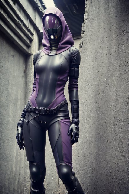 photo of female tali (in an abandoned alley:0.8), cyberpunk, (skinny:1.4), (sexy:1.1), very tall, rain, wet fabric, leather pants, hood, purple bodysuit, (reflective mask:1.2), (glass mask:1.1), (helmet, faceless), hood up, alien, (leaning forward), facing viewer, wide hips, (poor quality photo:1.3), blurry, hdr, hires, intricate, metalic leather, <lora:talizorahMassEffect_v1:0.8>