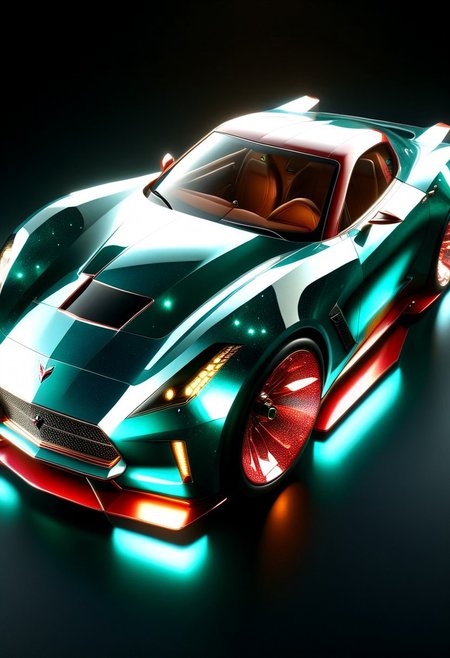 A futuristic car made entirely of transparent crystal that has  hints of a 1955 Corvette sting ray convertible. It is  entirely made out of transparent red glass crystal with a depth that reflects what looks like the universe of galaxies and stars, ultra detailed, enhanced, prismatic colors, render, CRU, sharp, 8k, octane render, cinema 4d, blender, dark, atmospheric 4k ultra detailed, cinematic, Sharp focus, big depth of field, Masterpiece, colors, 3d octane render, 4k, concept art, hyperrealistic, Vivid colors, extremely detailed 8k wallpaper, Intricate, High Detail. Car has square LED headlights, a glowing LED Sting Ray  emblem. LED running lights  Car is in a futurist high tech dealer showroom on a circular platform that is lit from below. The car has several spotlights on it which only enhance the crystal.  camera is looking down and sideways as the car. emeraldmorph