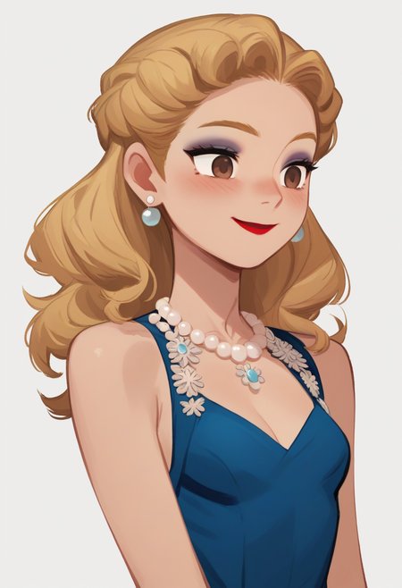 score_9, score_8_up, score_7_up, score_6_up, source_anime, 1girl,solo,breasts,blush,smile,blonde hair,simple background,white background,dress,cleavage,bare shoulders,brown eyes,jewelry,upper body,earrings,small breasts,necklace,makeup,blue dress,lipstick,eyeshadow,red lips,pearl necklace
<lora:hong_soonsang_v0.3-pony:1>