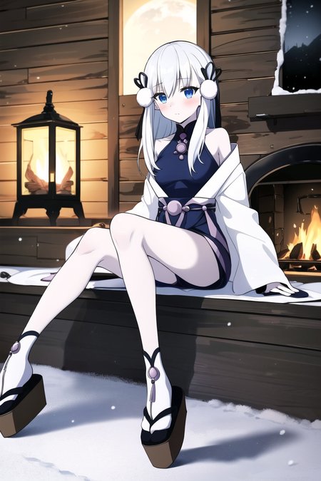<lora:YukiOnnaYGOv2-20:0.8>, 
YukiOnnaYGO, IceMayakashi , 1girl, small breasts, sandals , solo, looking at viewer, indoors, wooden cabin, cottage, fireplace, cozy , blush, sitting, night, snow, winter, dark, pale skin, full moon, bare legs, thighs