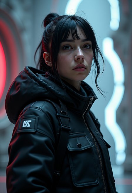 concept art, portrait  1girl wearing black sci-fi clothes, futuristic,, style by Nirav Patel,symmetrical fractal megastructure  Colossal scale, cinematic, wide angle, dramatic lighting, perfect focus, depth of field the view from afar,Look at the camera