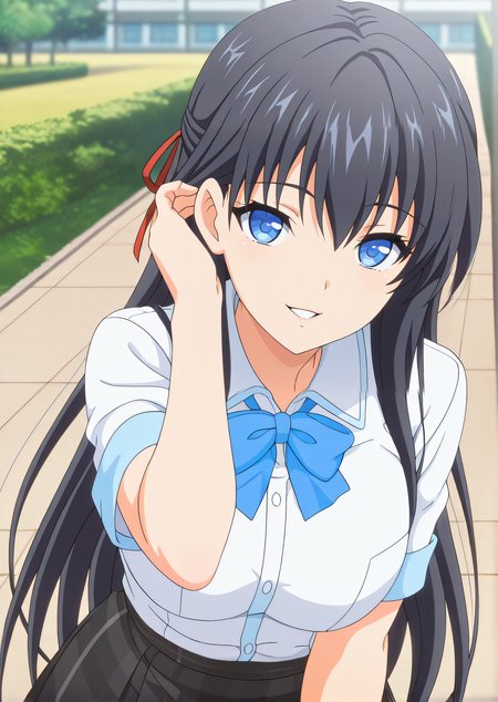 masterpiece, best quality, highres, newest, 1girl, solo, official style, anime screencap, <lora:Hiragi_Aiki:1>, aiki, black hair, blue eyes, red ribbon, school uniform, blue bowtie, white shirt, black plaid skirt, looking at viewer, smile, outdoor, upper body, hand on hair, parted lips