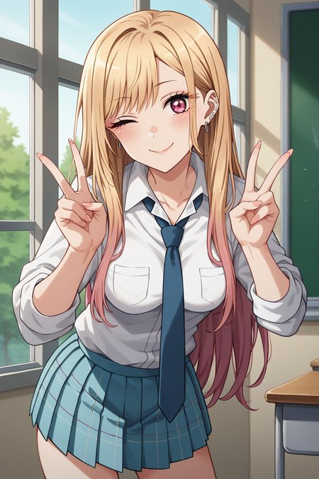 score_9, score_8_up, score_7_up, 1girl, prefect lighting, very aesthetic, intricate details, highly detailed background, masterpiece, high quality, prefect hands, best quality, solo, 
<lora:Marin_Dress_up_Darling_V2:.85>, KJOmarin, blonde hair, long hair, pink eyes, earrings, ear piercing, multicolored hair, 
collared shirt, sleeves rolled up, loose necktie, blue pleated skirt,
leaning forward, smile, closed mouth, double peace sign, head tilt, blush, one eye closed, from side, 
school, window, sunny, tree, classroom, 
(Beautiful, medium Breasts:1.2), natural breasts,