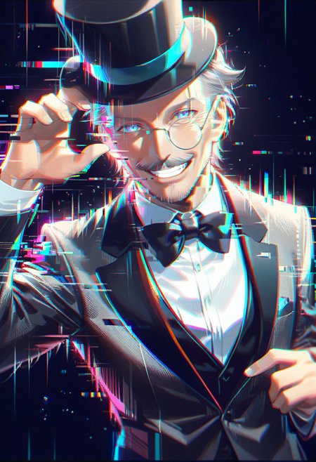 <lora:Glitch Style:0.8>,. rating_safe,sfw,
Masterpiece, Top Quality, Absurd,
One man, Mature man, Solo, Elderly gentleman, Thin, White shirt, Bow tie, Tuxedo, Moustache, Top hat (1.4), Short neat hair, Monocle, Nihilistic laughter, Nod, Laughing with corners of mouth turned up, Smirking, Dark theme, Professional photo, High contrast exposure, Soft bokeh, High key light, Hard shadow, Soft bokeh, Black background, Glowing eyes, Highlighted eyes, Greeting the viewer, Glitch, Flickering, Digital, Glitch style,