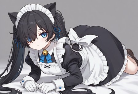 (Maid-kasli), solo, white gloves, dress, hair over one eye, maid apron, blue eyes, twintails, cat ears, maid headdress, maid, gloves, 1girl, apron, juliet sleeves, long sleeves, long hair, black hair, animal ears, bell,(Fall down),
