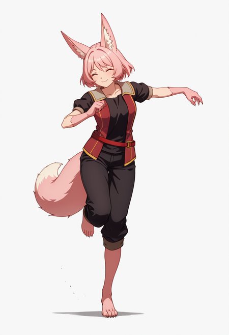 Smooth Quality,masterpiece,very intricate, high quality details, ultra realistic, high detailed skin,detailed enviorement,absurdres,
simple background, white background, dancing, solo,front view,
 <lora:Til_CNR:0.8> til_cnr, 1girl,pink hair, short hair, bangs, red eyes, animal ears, fox ears, animal ear fluff, fox tail, furry female, animal hands, claws, black shirt,open jacket,puffy short sleeves,black pants, belt,barefoot,, lonely,, ^q^,