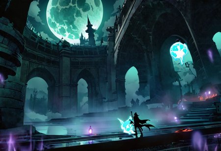 houtline, digital_art, (Best quality), standing, building, weapon, hat, pillar, from_behind, a wizard  fighting a legendary chess boss, glowing, cape, fog, silhouette, full_body, outdoors, sword, indoors, holding, long_hair, night, 1boy, fight_group, sky, (scenery),  holding_weapon, stairs, (monster), battle, dress, facing_away, cloak, hood, long_sleeves, arch, witch_hat, male_focus, lamppost, blonde_hair, ruins, gloves, sitting, science_fiction, dark, light, reflection, full_moon, floating, witch, bridge, hitodama, holding_sword, legendary_monster, coat, night_sky, (dutch_angle:1.2), (size_difference:1.4), street_view, street, glowing_eyes, light_rays, rain, motion_blur, motion_lines,  from_side, chess_(theme), tower_(theme), chess, queen_chess_piece, Piece_monster, , boots, short_hair, railing, sign, ghost, crystal, wide_sleeves, pants, lights, skyscraper, red_eyes, walking, cloud, blue_hair, hooded_cloak, multiple_girls, epic, staff, (statue), riding, creature, legs_apart, full_armor, castle, planted_weapon, purple_lights, smoke, purple smoke, Aqua_(theme)