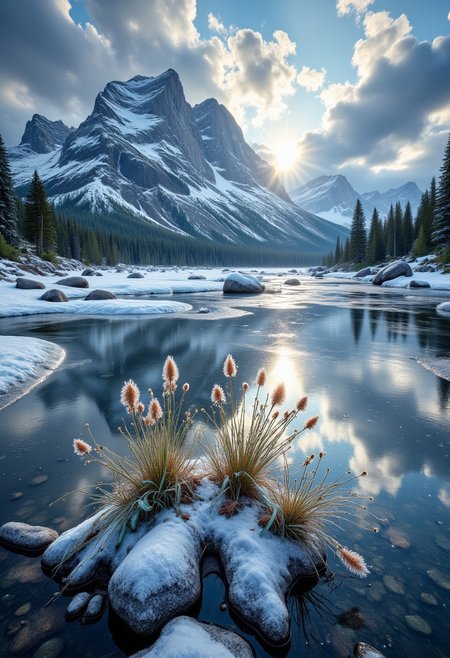 The image is a landscape photograph of a frozen mountain range with a frozen river flowing through it. The frozen river is surrounded by a frozen flowers. A small layer of ice covers the flora. The ice of the frozen river forms a reflective surface that reflects the mountains and trees. The mountains in the background are tall and imposing, with a mountain peak in the distance. The sky is cloudy, and the sun is shining brightly through an opening in the clouds, creating a beautiful reflection of the mountains on the frozen lake. The overall mood of the image is peaceful and serene. mad-sprklngtr, flrlizer.
