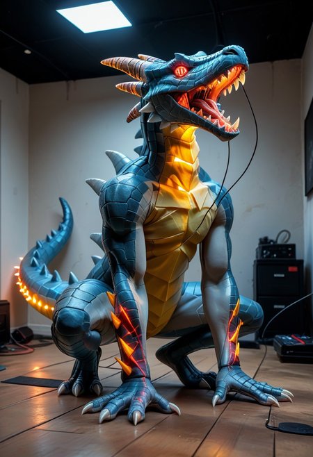 (rating_safe:1.2), end_tripwire_morph, no humans, spikes, teeth, dragon made out of wire and electrical cables, tail, sharp teeth, claws, open mouth, solo, neon, wires, made of wires, cables, outlined with wires and neon, neon outlines, wire sculpture, neon wire sculpture, PonyXLV6_Scores
Head: glowing red eyes, turn head looking at viewer 
Body: big and tall body, muscular body, red and black skin
Environment/ place: inside facility, low light, metal floor
Pose: stand on floor