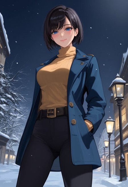 score_9, score_8_up, score_7_up, source_anime, masterpiece, 4k, high quality, (best quality:1.1), solo, 1girl, hiraguchip5, short hair, black hair, marine blue leather coat, tight yellow turtleneck sweater, black pants, belt, closed mouth, seductive face, standing, legs apart, from front and below, looking at viewer, blushing, shy smile, cowboy shot, winter park scenery, snow, city lights, dark lighting, night, moonlight, godrays,