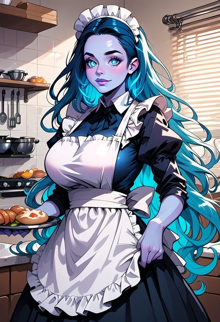commix style, score_9, score_8_up, score_7_up, 1woman, mature, (blue skin:1.3), detailed blue eyes, large round eyes, bright eyes, (long dark blue hair:1.4), fiery hair, gradient_hair to light neon blue, (very long hair), blue lipstick, huge breasts, maid dress, black dress, puffy sleeves, apron, holding tray, indoors, kitchen