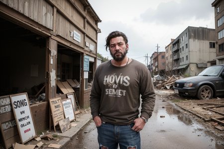 masterpiece, absurdres, high quality, realistic, muddy colors, vintage photograph,
1boy, homeless, ripped clothing, shirt, pants, beard, outdoors,
abandoned city, crumbling buildings, broken glass, broken doors, car parts, broken vehicles, natural disaster, mud,
20 megapixel, detailed, movie grain