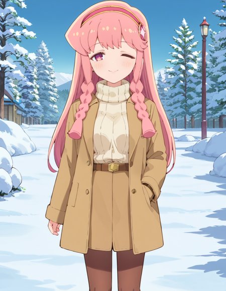score_9, score_8_up, score_7_up, source_anime, BREAK
1girl, solo, looking at viewer, outdoors, snow, wink, :0,
mami kirara (puniru wa kawaii slime), long hair, pink hair, hairband, sidelocks, twin braids, pink eyes,
winter outfit, coat, turtleneck sweater, long sleeves, belt, pantyhose, winter boots, open coat,
<lora:mami_kirara-puniru_wa_kawaii_slime_s1-anime-soralz:1>