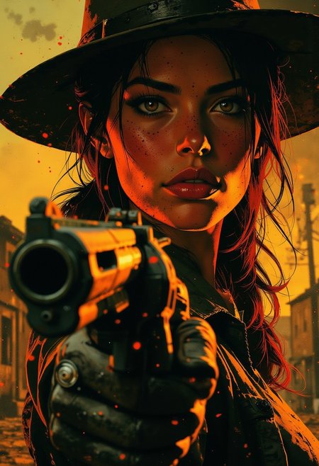 A dramatic close-up of a stunning gunslinger cowgirl aiming her revolver with intense precision. Her striking face is framed by loose strands of wavy hair, partially shadowed by her weathered, wide-brimmed hat. Her eyes, sharp and piercing, lock onto her target with unflinching focus, reflecting the sunsetâs golden glow. A faint smirk plays on her lips, exuding confidence and danger. The detailed revolver, with ornate engravings, is held firmly in her gloved hand, pointing directly forward. Dust motes dance in the sunlight around her, highlighting the tension of the moment. The background is a blurred hint of a Western town, adding depth but keeping all attention on her fierce and captivating presence. The atmosphere is charged, capturing the deadly allure and skill of a gunslinger ready for the final showdown. <lora:FluxMythP0rtr4itStyle:0.7>