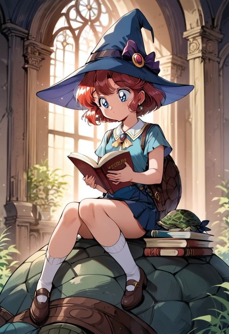 score_9,score_8_up,score_7_up,score_6_up, source_anime,<lora:Faux_Retro_XL:1>, (8k, masterpiece, best quality, cinematic lighting, ultra high res), (extremely detailed image, high resolution, 5k resolution:1.0), (ultra HD quality details), 1girl, cute mage girl, chibi, wizard hat, (((sitting on giant turtle))), sitting on turtle, turtle, ((girl on top of turtle)), (((giant turtle))), reading book, looking at book, grimoire, in front of castle ruin, castle ruin, mystical forest, perfect hands, good lighting, retro artstyle, blue eyes