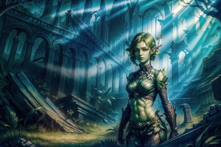 <lora:FantasyRuins:0.8> FanRu, sinister fantasy world, ruins, overgrown,  <lora:dryad:1> dryad, green skin, plant girl, looking at viewer, best quality, masterpiece, <lora:more_details:0.65>, 1girl, solo