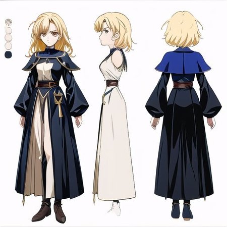 anime, blonde, very messy hair girl, gothic style, no sleeve yellow shirt, black skirt, shoulder, witch, serious face, medieval fantasy, medieval castle, wizard uniform, 1980s (style), retro artstyle, model sheet, simples bsckground, chara-sheet