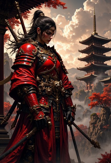 mythp0rt, Silhouette Art, magnificent. detailed renaissance oil painting, masterpiece, FredFraiStyle, female japanese knight in red leather armour, chiascuro, weapons, directional lighting, masterpiece, perfect composition, perfect hands, standing next to a pagoda temple, silhouetted with light illuminating one side of face