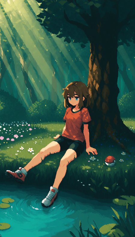 pixel art,
brown hair, 1girl, lily pad, water, flower, bike shorts, red shirt, sitting, outdoors, short sleeves, tree, light rays, shoes, poke ball, blue eyes, grass, 
masterpiece, best quality, very awa, absurdres
<lora:noobai_epred_11_pixel_art_v1:1>