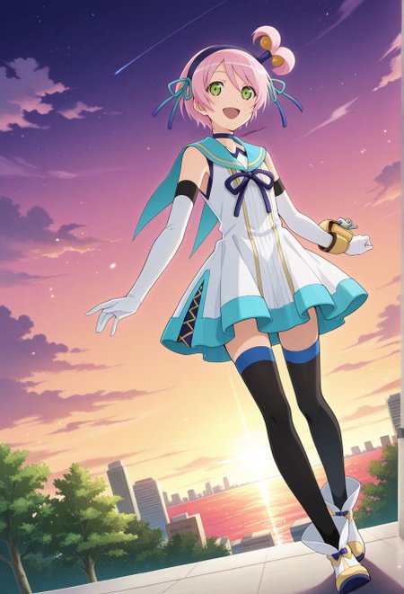 detailed eyes, beautiful, detailed background, perfect eyes,
source_anime, very aesthetic, anime coloring, masterpiece, official art,
<lora:HandFineTuning_XL:1>
BREAK,
cityscape, sea, trees, 
light smile, standing, open mouth, 
full body , dynamic angle, 
looking at viewer, posing,
BREAK,
<lora:kanonnoEX_illustriousXL_v01:0.9>
kanonnoedef, kanonno earhart, pink hair, short hair, green eyes, ponytail, bow hairband, 
white dress, sailor collar, sleeveless dress, elbow gloves,  single wrist pouch, 
black thighhighs, white footwear,