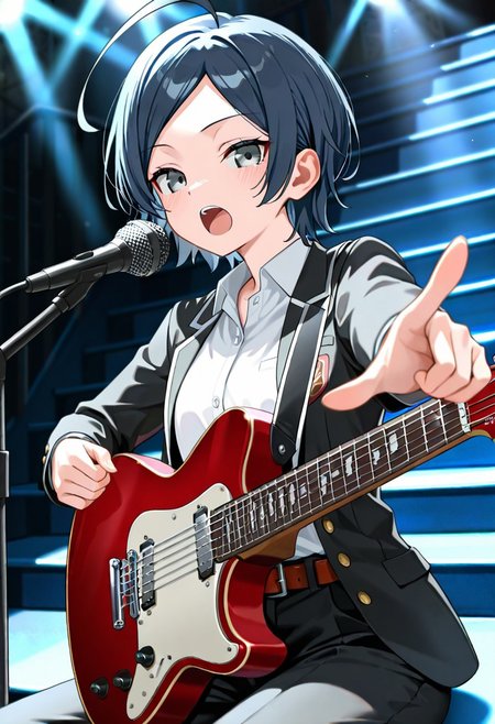 (masterpiece, best quality:1.4), looking at viewer, cowboy shot, outdoors, stairs, sitting, hachiman hikigaya Oregairu, ahoge, grey eyes, black pants, school uniform, black jacket, open jacket, white shirt, belt, playing instrument, electric guitar, singing, pointing at viewer, stage lights, dark background, ,masterpiece,best quality,amazing quality, <lora:hachiman_hikigaya_v1:0.7>