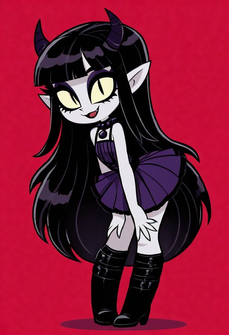 (masterpiece, best quality, good quality, very aesthetic, absurdres, newest:1.2),    1girl, solo, eyelashes, (beautiful eyes),   1girl, solo, long hair, black hair, purple and black hair, looking at viewer, horns, pointy ears, bangs, blunt bangs, slit pupils, yellow sclera, grey skin, makeup, eyeshadow, black lips, purple dress, black boots, knee boots, spikes, spiked collar, gothic,    ,      <lora:VampieNAI:0.8>,  leaning forward, head tilt, heart, smile,   <lora:ZankuroStyle_NAI:1.0>,