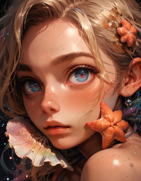 score_9, score_8_up, score_7_up, score_6_up, score_5_up, score_4_up,  girl and a seashell, rainbow seashell, girl has blonde hair and blue eyes, pink heart, small eyes, galaxy, black background