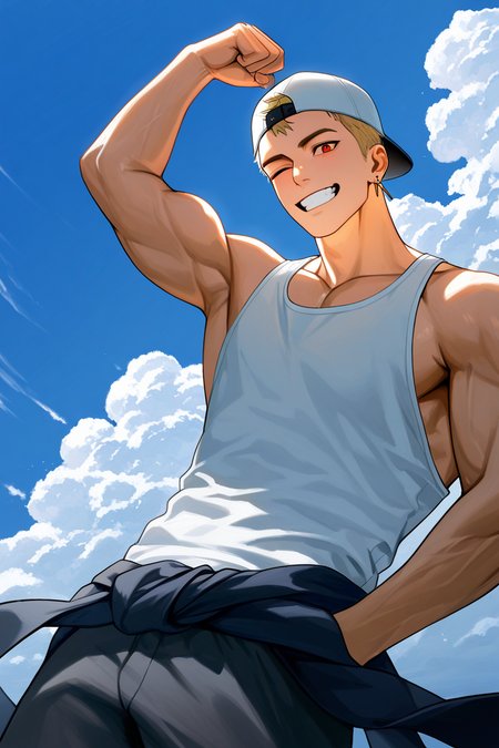 realistic shading, natural lighting, male focus, expressive happy face, urektg, red_urektg_eyes, blonde_urektg_short hair, white_urektg_backwards baseball cap, yellow_urektg_earrings, 1boy, one eye closed, wink, goofy grin, teeth, flexing, leaning back, armpit hair, tank top, muscular male, floating clothes, windy, shadow, day outdoors stone, blue sky, cloud, foreshortening, from below, dutch angle, dynamic angle, dynamic action, intricately detailed illustration, cinematic, depth of field, atmospheric perspective, masterpiece, best quality, amazing quality, very aesthetic, absurdres, newest