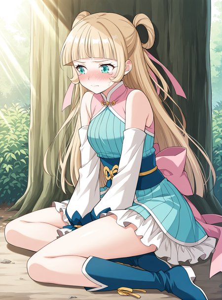 <lora:Mu_Qing_Luan__Battle_Through_the_Heavens__Illustrious:1>
1girl, solo, blonde hair, twin buns, long hair, ahoge, blunt bangs, teal eyes, anime style, blue and pink outfit, oriental dress, short dress, frilled skirt, pink sash, golden bow, detached sleeves, long sleeves, blue boots, big cuffs, ribbon details, open shoulders
score_9, score_8_up, score_7_up, score_6_up, source_anime, rating_explicit, 1girl, solo, cute anime girl just tripped, embarrassed expression, blushing intensely, sitting awkwardly on the ground, hands on the floor, one leg bent, messy hair, skirt slightly ruffled, teary eyes, looking away, shy body language, uniform, outdoor setting, warm sunlight, romantic comedy vibe