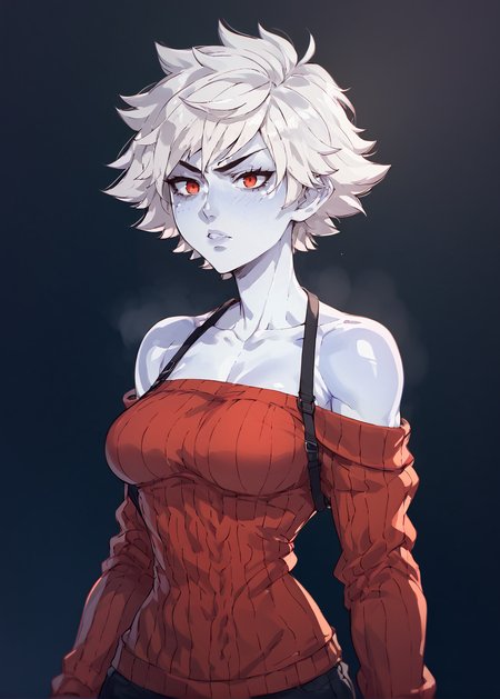 white skins, spiky red short tomboy hair, neutral expression, tight sweater, <lora:NAHIRI:1> nahiri, 1girl, solo, short hair, breasts, bare shoulders, white hair, colored skin,  <lora:Amplected_3d_anime_art_style:1>, source_anime, score_9_up,  score_7_up, score_8_up
