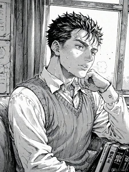 1boy black_eyes black_hair black_sweater_vest book collared_shirt male_focus parted_lips shirt short_hair solo sweat sweater_vest white_shirt window
, <lora:Berserk:0.8>, score_9, score_8_up, score_7_up, zPDXL3, monochrome, greyscale