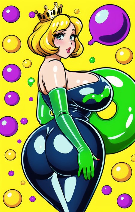 1woman, made of goo, (slime:1.3), long legs, big boobs, slime queen, gold crown, castle background, neon colors, saturated colors, detailed face, perfect face, cute nose, vintage anime, retro anime, sunday comics, basic illustration, line art, pop art, 80's style, comic book, comic panel, manga, curvy body, thick thighs, hour-glass shape, highly detailed, professional illustration, masterful artwork, perfect feet, primary colors, anatomically correct, perfectly drawn, small goo orbs floating in background,  otzk