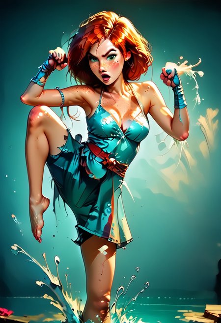 score_9, score_8_up, score_7_up, score_6_up, score_5_up, score_4_up, 
BREAK
picture-perfect, best quality, detailed shading, depth_of_field, cinematic lighting, (cowboy view), 
BREAK
1girl, kim_pos_V2, kim_pos_V2_face, kim_pos_V2_body, long red hair, 18 years old, (stunning green eyes), (skin detail, freckles, moles on skin:1.4), 
BREAK
1boy, ninja, ninja outfit, shadowed, fighting stance, sword, dodge girl
BREAK
1girl, kim_pos_V2, kim_pos_V2_face, kim_pos_V2_body, (leaping flying karate kick ninja, (((feet off ground)))), ((teep fighting stance,martial arts, incoming attack, ((mid air, dynamic, motion blur, blood splashes)))), jusiki, doing a high jump sidekick, doing a jump sidekick, (((jumping at viewer))), perfect makeup, ((random hairstyle, cotton sundress with floral print)), 
BREAK
(:1.2), 
BREAK
(:1.2)
BREAK
full view shot, (stable, haybales, golden sunlight, detailed multi-layered background),