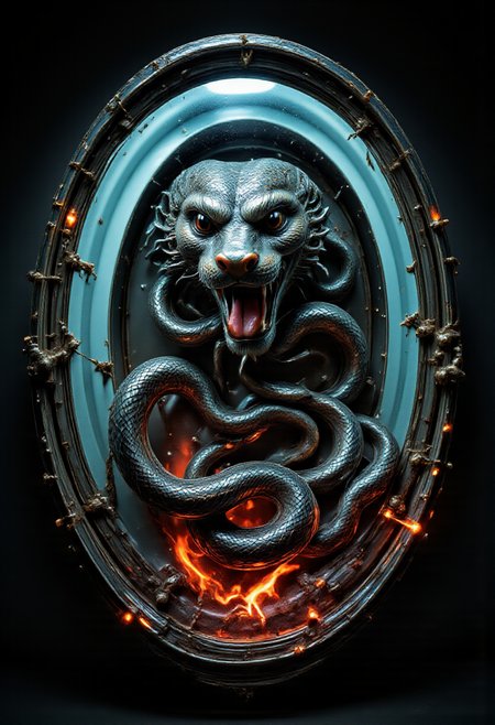 biomechanical style A hyper-realistic and intense scene of a snake appearing to emerge from a glowing digital screen, creating a 3D effect as if it is breaking into the viewer's space. The snake's head and part of its body are reaching out of the screen, its fangs exposed in an aggressive posture. The screen appears cracked and distorted at the edges where the snake is breaking through, with glowing fragments and electrical sparks adding to the dramatic effect. The background is dark, amplifying the sense of depth and realism.. cer1micsn1ke  <lora:FLUX_cer1micsn1ke_LoRA:1> <lora:aidmaFLUXpro1.1:0.32> aidmaabdhr <lora:aidmaAbadonedHorror:0.66> <lora:Mushroom_Portrait_Flux_v1:0.50> <lora:FLUX_Bizarredreams:0.80> <lora:FLUX_QVL_LoRA:0.60> <lora:FLUX_ga53oom_LoRA:1> ga53oom background . blend of organic and mechanical elements, futuristic, cybernetic, detailed, intricate
