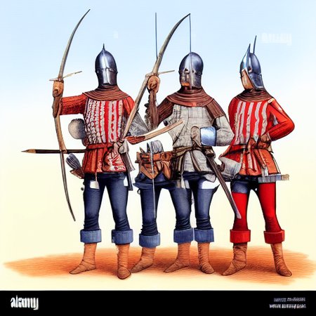 3boys, blonde hair, photo background, medieval, opposing troops, denim, holding, mask, jeans, specators, spear, short hair, realistic, red pants, unattached quiver