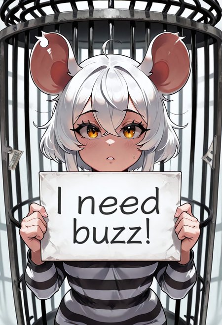 Caged mouse girl holding a sign, in the large cage, pleading look, white hair, prison clothes, golden eyes, drops on cheeks, Lab on the background, excellent quality, looks at the viewer, need_buzz, holding sign,