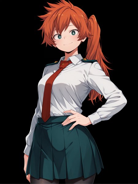 <lora:Kendo Illu:1>
1girl, solo,
kend0, long hair, orange hair, side ponytail, green eyes, 
u.a. school uniform, red necktie, white collared shirt, pleated skirt,  pantyhose, 
cowboy shot, looking at viewer, closed smile, one hand on hip,, masterpiece, best quality, amazing quality,, simple background, black background