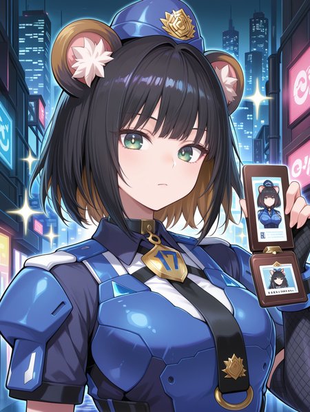 k9 city,official alternate costume,k9-17 ripper, official alternate costume, 1girl, id card, holding id card, looking at viewer, police, sparkle, upper body, closed mouth, blue garrison cap, blue fingerless gloves, black vest, black necktie, blue jacket, white shirt, solo, fishnet, expressionless
masterpiece,best quality,amazing quality,very aesthetic,absurdres,newest,<lora:K9-17 Ripper & Izuna illusXL v1.33:0.72>,