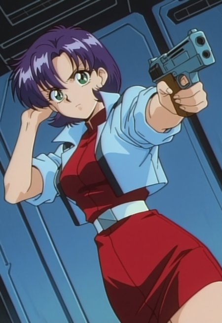 masterpiece, best quality, retro anime, dutch angle, depth of field, serious, 1girl, injuuhikari, short hair, purple hair, medium breasts, cropped jacket, sleeves rolled up, red shirt, red skirt, belt, holding gun, scifi pistol, aiming,