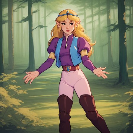 score_9, solo, classiczelda, tiara, blonde hair, long hair, pointy ears, vest, thigh boots, forest