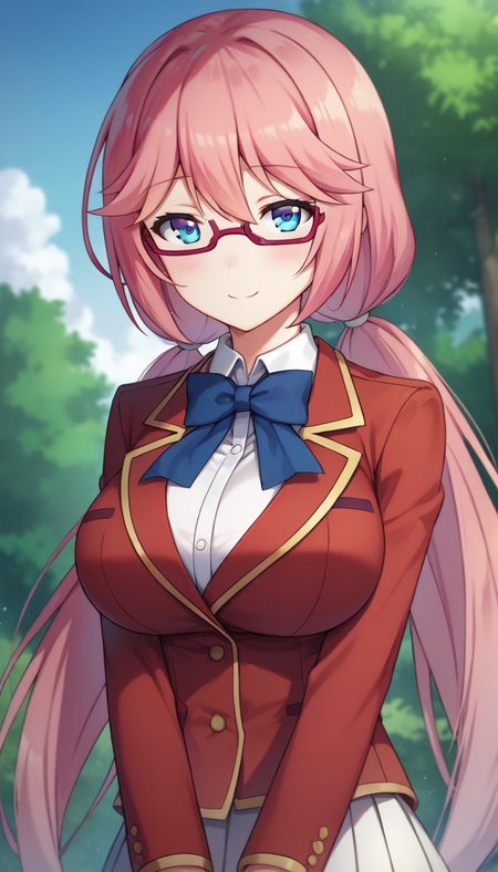 score_9,score_8_up,masterpiece,best quality,correct anatomy,anime_source,1girl,solo,perfect eyes,perfect arms,perfect legs,perfect face,outdoors,upper body,(portrait:1.5),looking at viewer,facing viewer,smile,blush,Sakura Airi,very long hair,pink hair,low twintails,hair between eyes,bangs,blue eyes,semi-rimless eyewear,red-framed eyewear,school uniform,red jacket,blazer,open jacket,blue bowtie,white shirt,collared shirt,dress shirt,long sleeves,large breasts,skindentation,miniskirt,white skirt,pleated skirt,black socks,loafers,brown footwear,<lora:Sakura Airi(cote)-Pony:1.6>,