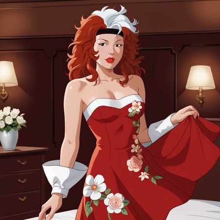 <lora:RogueTAS_pony_v1:1> RogueTAS, 1girl,  lipstick, white hair,  makeup, brown hair, breasts,  two-tone hair, multicolored hair, long hair, red hair, retro artstyle, cowboy shot,  <lora:1007 Chinese wedding dress_v1_pony:1> ruanyi1007,bare shoulders,detached sleeves,red dress,floral print,strapless dress,