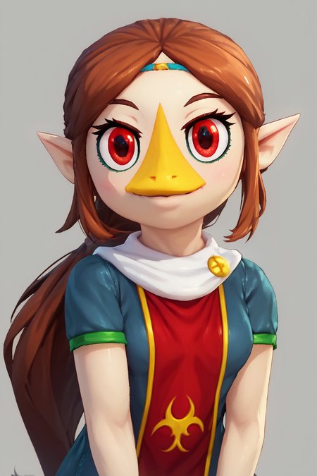 score_9, score_8_up, score_8, medium breasts, (curvy), cute, eyelashes,       BREAK, ,  <lora:MedliZelda_PDXL_v2:0.8>,  zzMedli, solo, 1girl, brown hair, beak, pointy ears, bird, long hair, long hair, red eyes, ponytail, blue dress, red tabard,, BREAK, looking at viewer,  smile, upper body, leaning forward, head tilt,  embedding:zPDXL, Expressiveh, <lora:theButcherXPDXL:0.7>, <lora:CatalystStylePDXL:0.6>,  <lora:SDXLFaeTastic2400:0.5>,  <lora:Expressive_H-000001:0.4>,